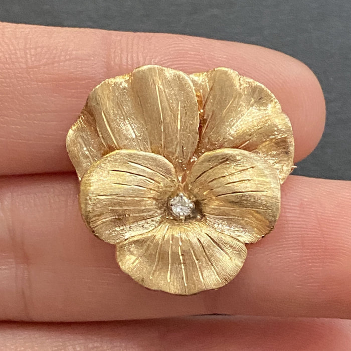 Vintage 14K Gold and Diamond Pansy Flower Pin, Brooch