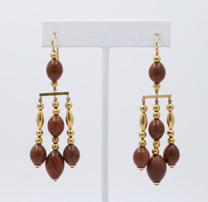 Large Vintage 18K Gold and Goldstone Dangling Chandelier Earrings