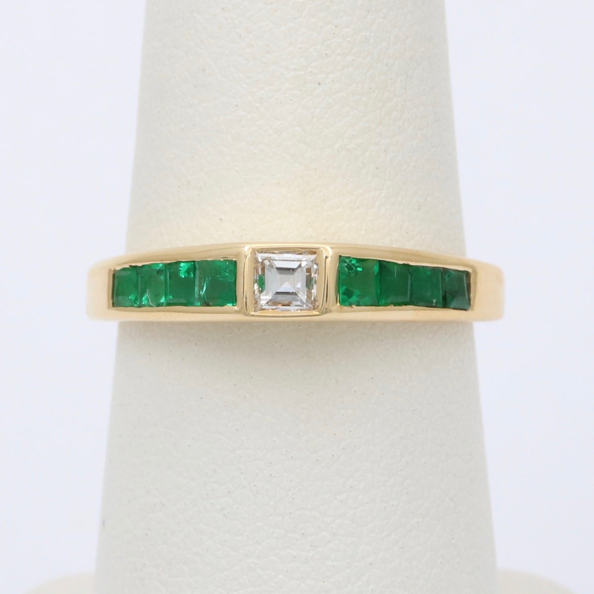 Carre Cut Diamond and Emerald 18K Gold Band, Stacking Ring