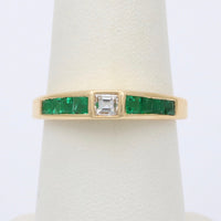 Carre Cut Diamond and Emerald 18K Gold Band, Stacking Ring