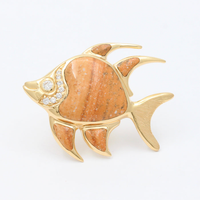 Vintage 14K Gold, Diamond, and Carved Agate Tropical Fish Pin, Brooch