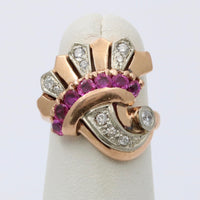 Retro 14K Gold, Diamond and Ruby Cornucopia, Fan Ring