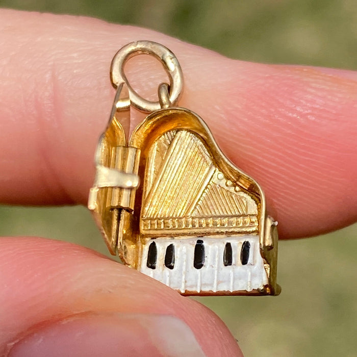 Vintage 14K Gold and Enamel Articulated Grand Piano Charm
