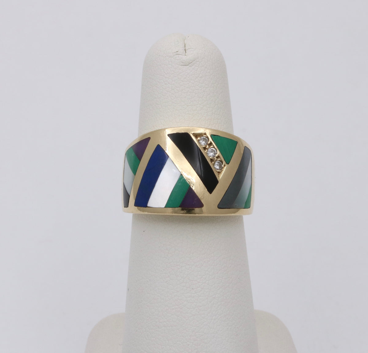 Asch Grossbardt 14K Gold, Inlaid Gemstone, and Diamond Geometric Ring