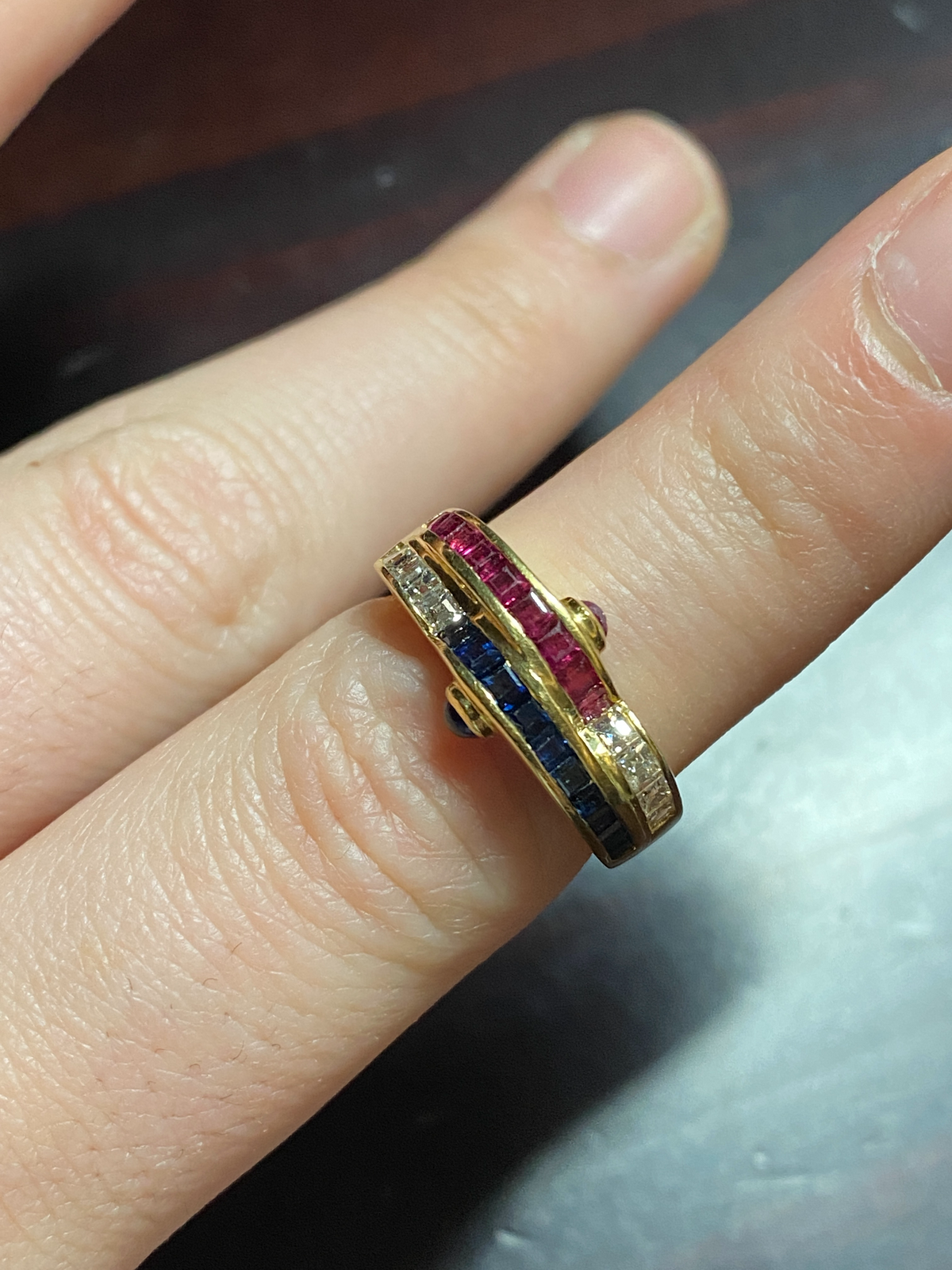 Vintage 18K Gold Carre Cut Diamond, Sapphire, and Ruby Wave Ring, 1970s Stacking Band