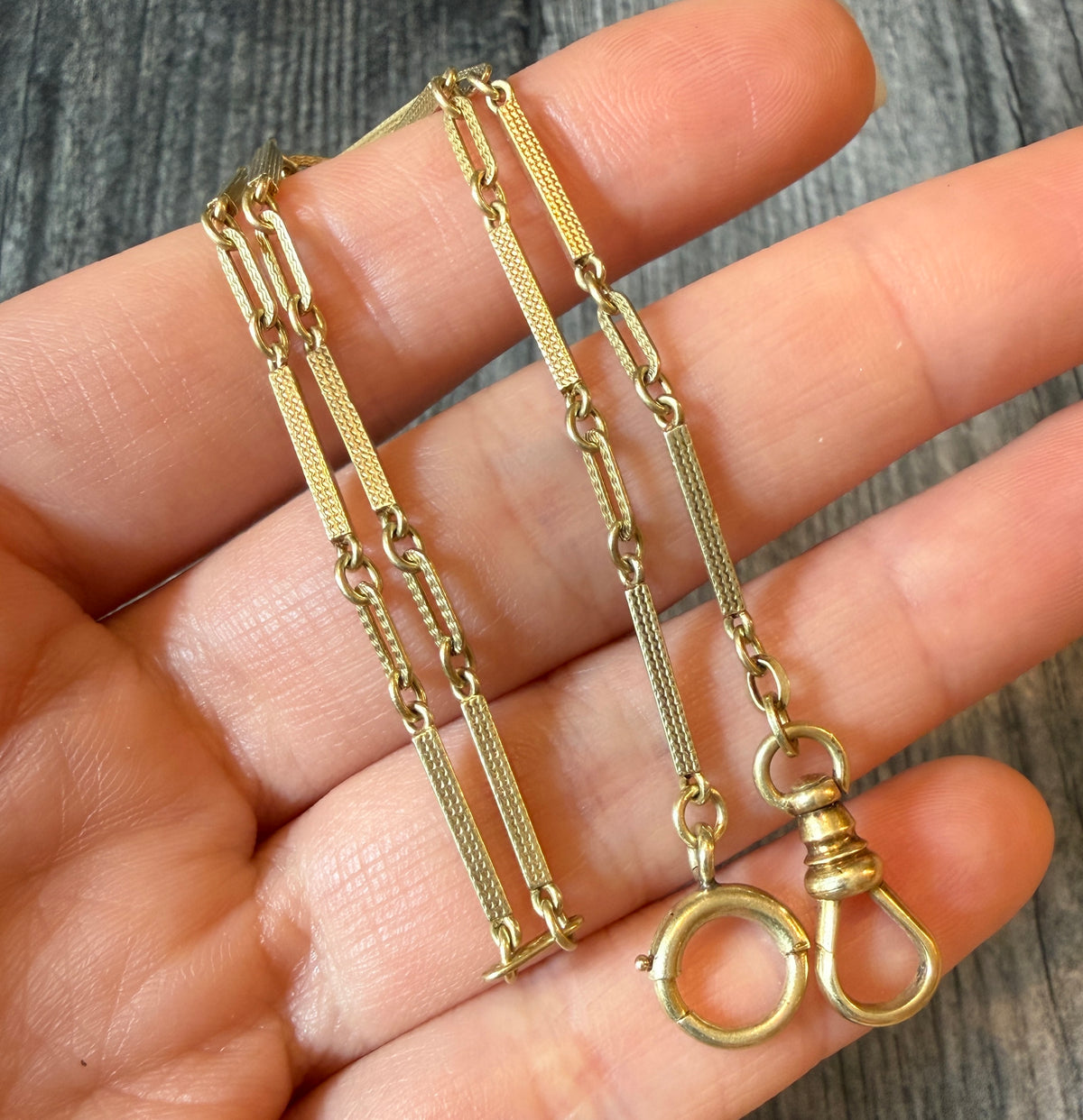 Art Deco 14K Gold Chased Bar Link Watch Chain, 13” Long