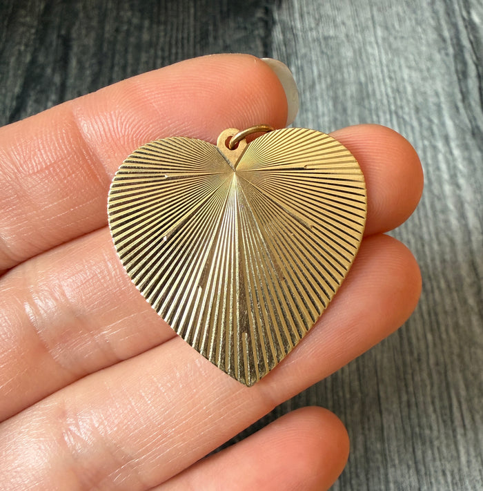 Large 1950s Engine Turned Heart Charm in 14K Gold