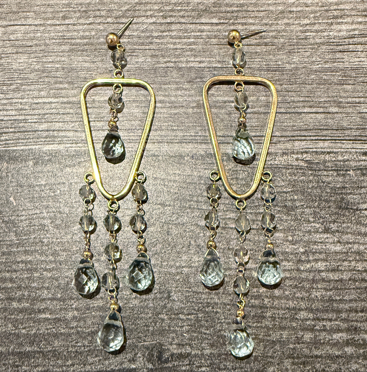 Large Blue Stone and 14K Gold Chandelier Earrings (I)