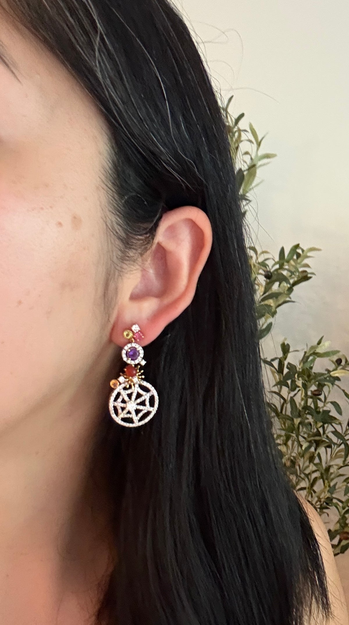 Diamond Spiderweb Drop Earrings with Spider and Fly in 18K Gold
