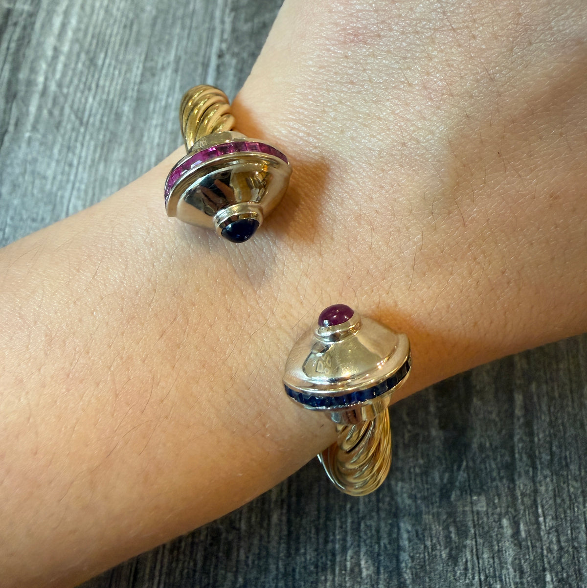 Sapphire and Ruby Saturn Twist Cuff Bracelet in 14K Gold (I)