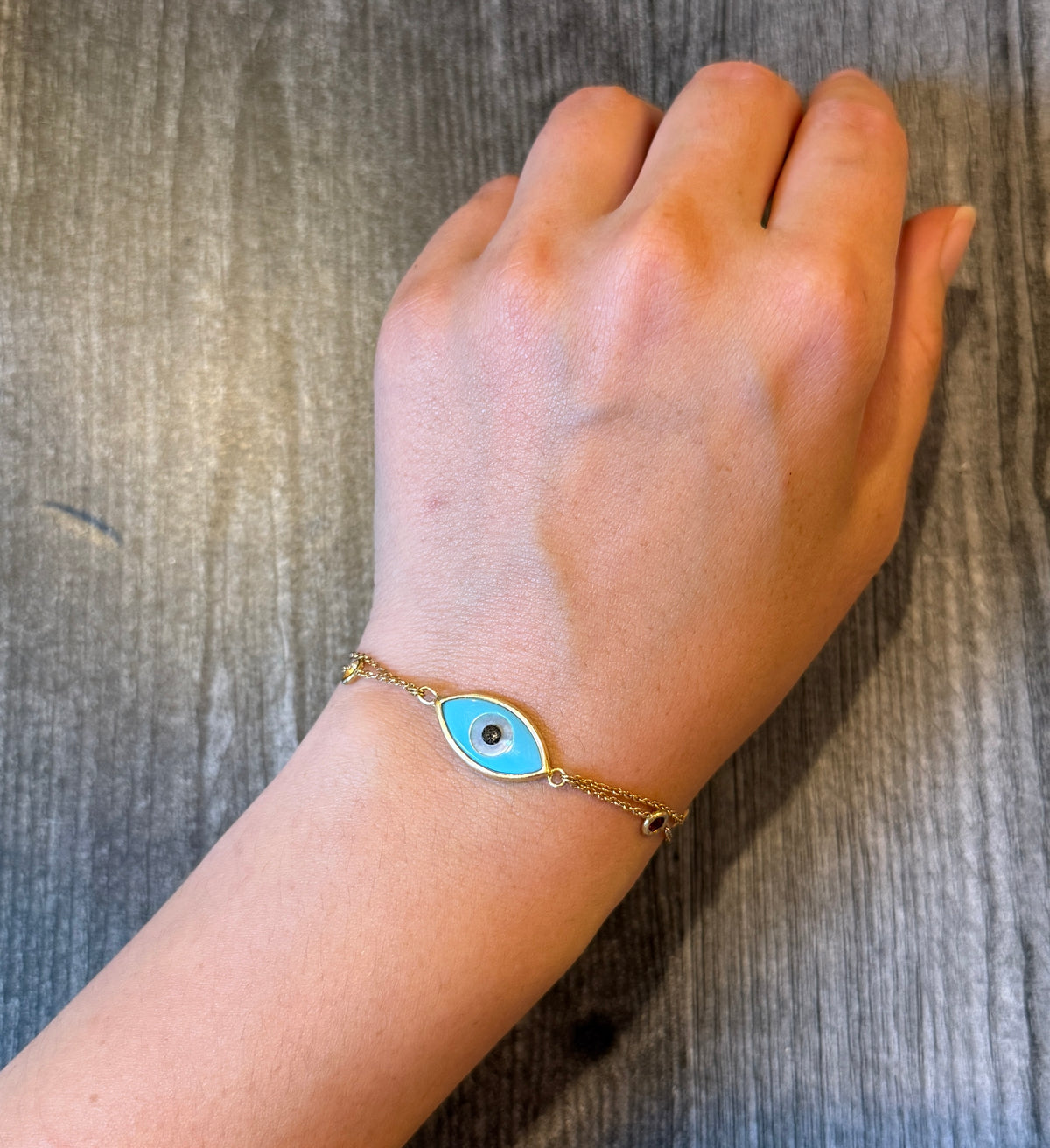 Turquoise and Mother of Pearl Evil Eye Bracelet in 18K Gold (M)