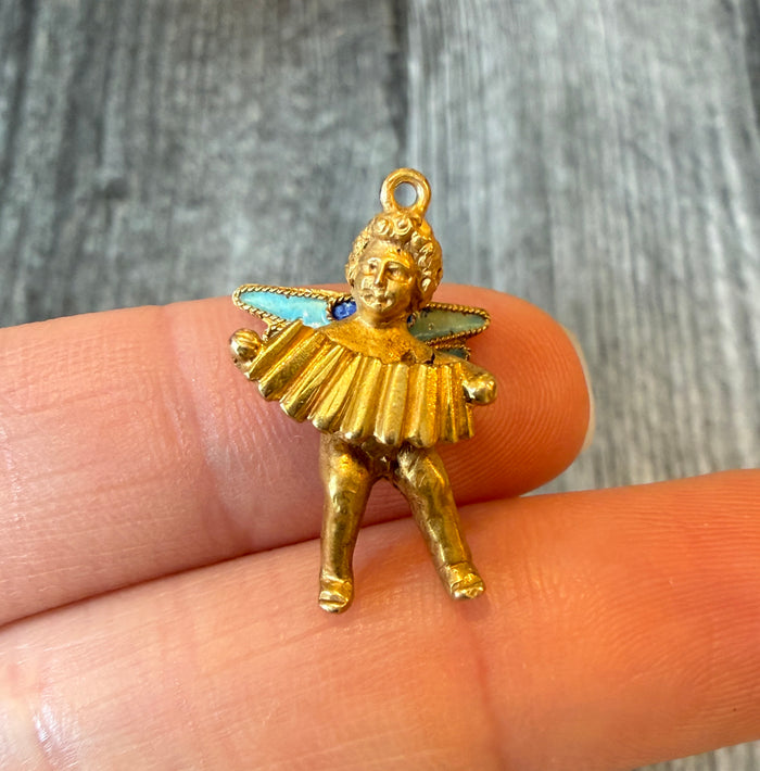 Vintage Enamel Cherub Playing an Accordion in 18K Gold (M)
