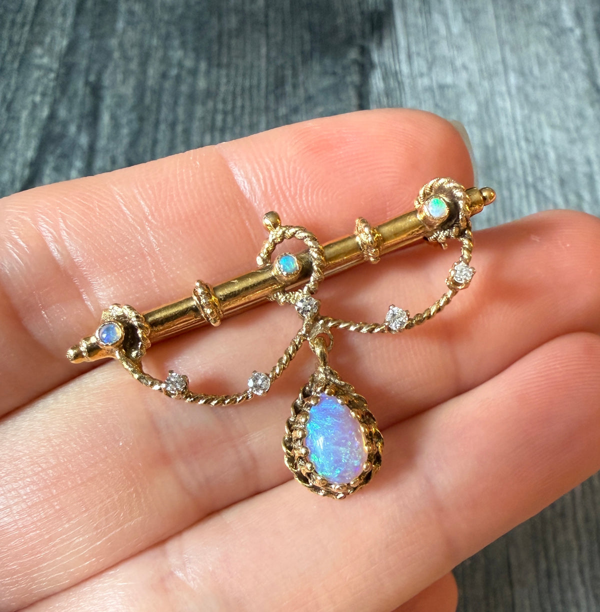 Vintage Opal & Diamond Festoon Style Pin (S)