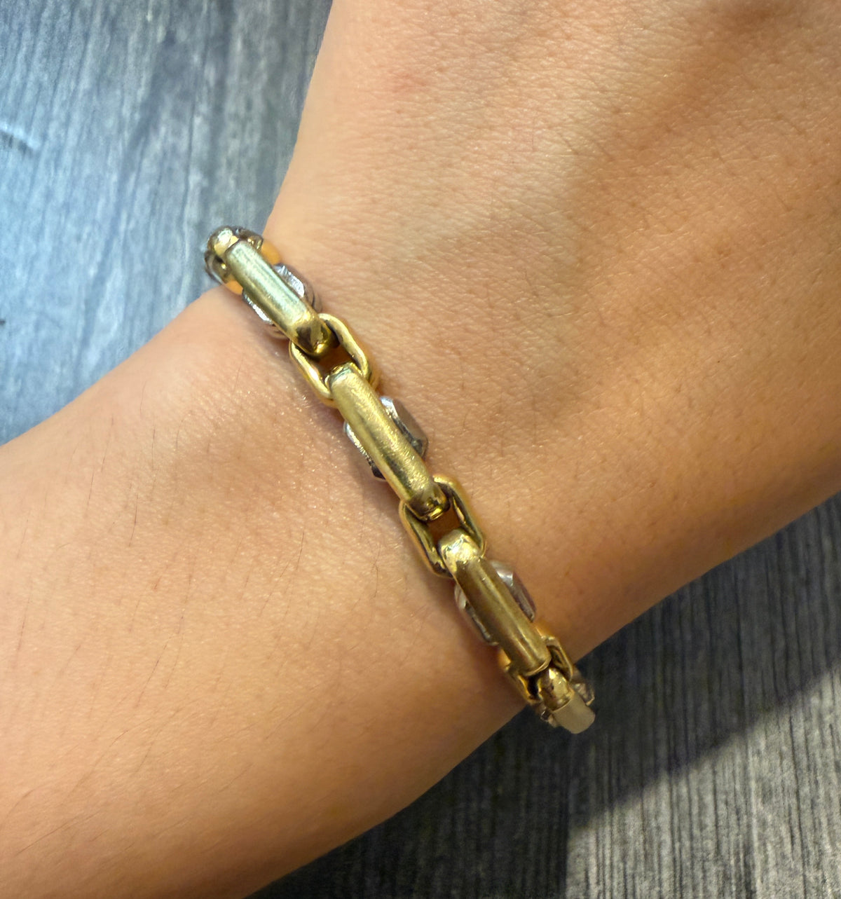Platinum and 18K Gold Boxy Rectangular Link  Bracelet, 7.25” Long