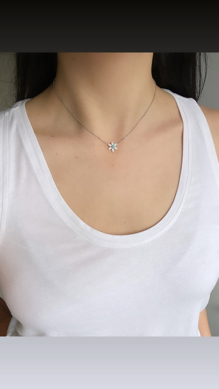 Turquoise and Diamond 18K White Gold Flower Necklace