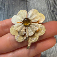 Vintage Wavy Engine Turned Double Clover Pendant and Brooch in 14K Gold