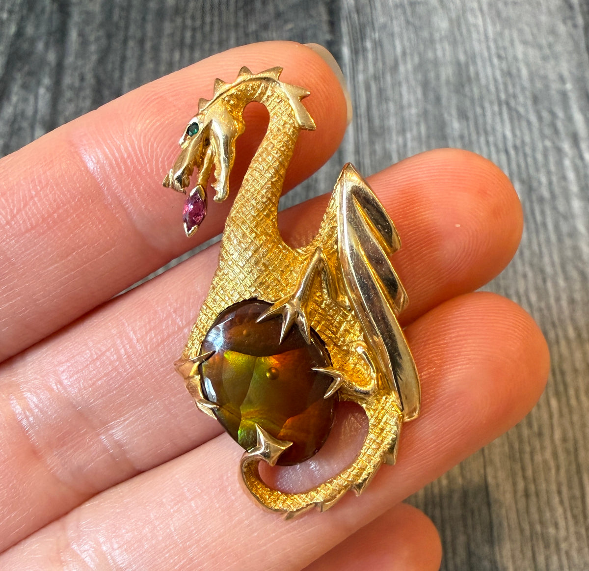 Fire Agate Dragon Pendant and Brooch in 14K Gold