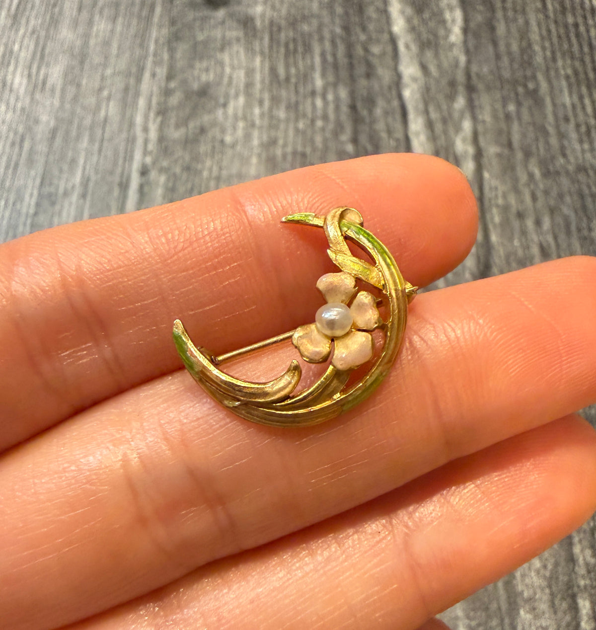 Art Nouveau Enamel Flower and Crescent Pin in 14K Gold