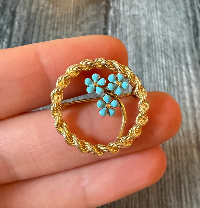 Vintage Krementz Enamel Forget Me Not Flower Circle Pin in 14K Gold