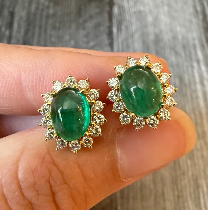 Cabochon Emerald and Diamond Halo Stud Earrings (H)