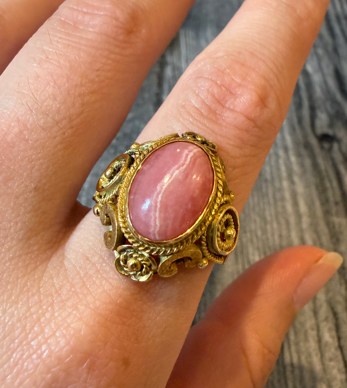 Etruscan Revival Style Rhodochrosite and 14K Gold Ring