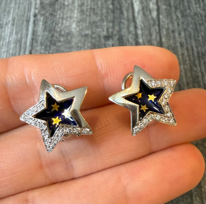 Diamond and Enamel Star Earrings in 18K Gold (I)