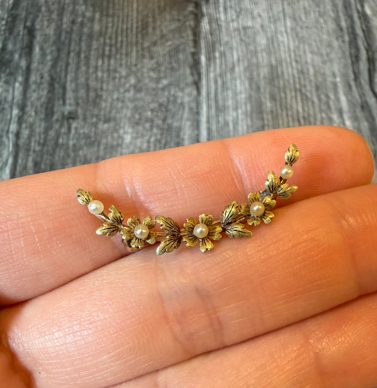 Art Nouveau Flower and Crescent Pin in 14K Gold
