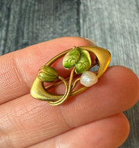 Art Nouveau Enamel and 14K Gold Water Lily Pin