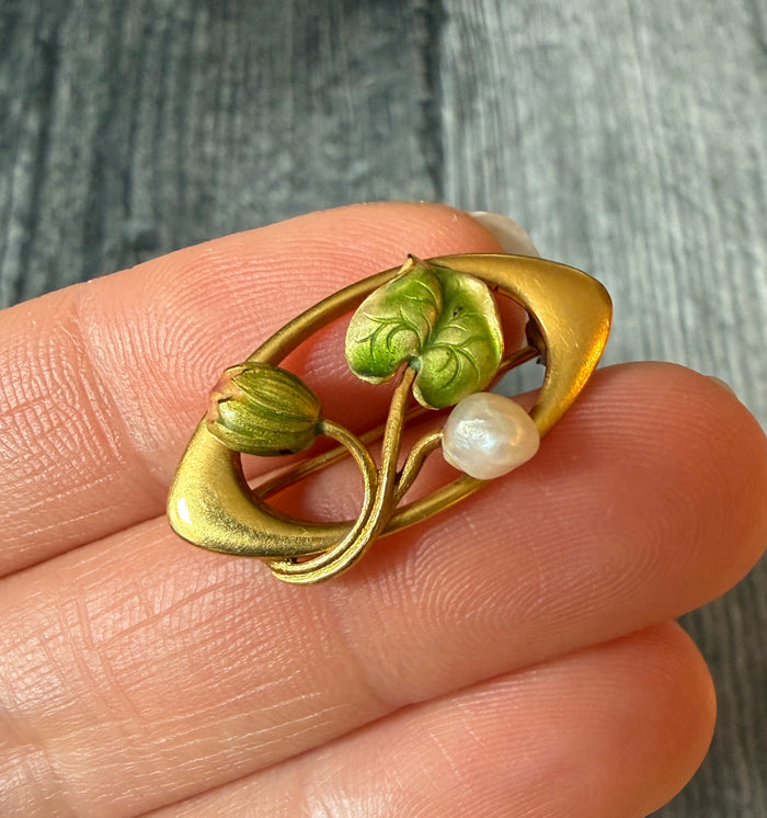 Art Nouveau Enamel and 14K Gold Water Lily Pin