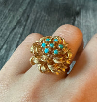 Turquoise Flower Ribbon Dome Ring in 14K Gold