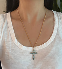 Large Blue Zircon Cross Pendant and Brooch in 14K Gold (S)