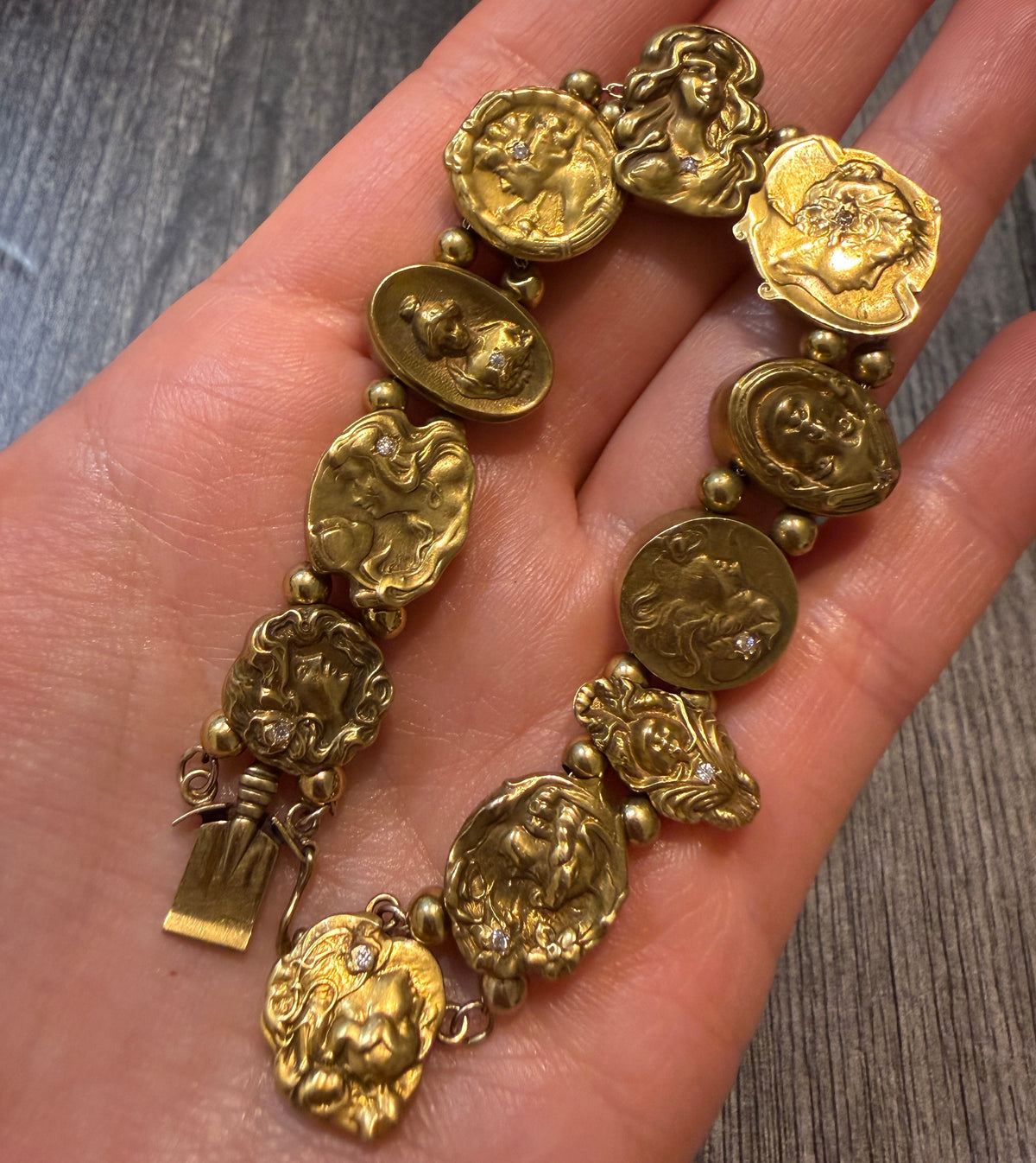 Art Nouveau Woman's Portrait Slide Charm Bracelet in 14K Gold (S)