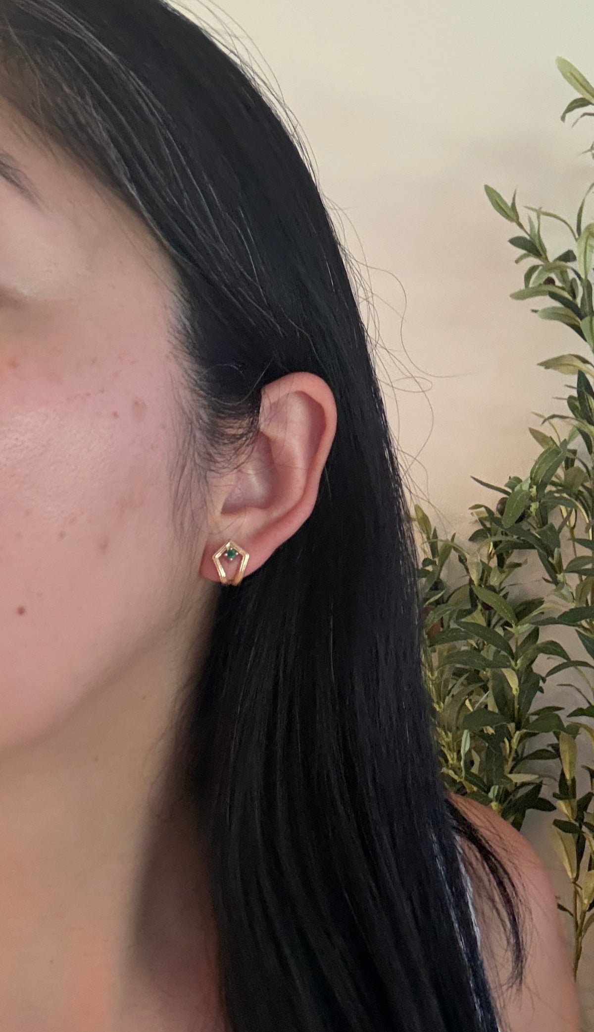 Emerald and 14K Gold Open Kite Shaped Huggie Earrings