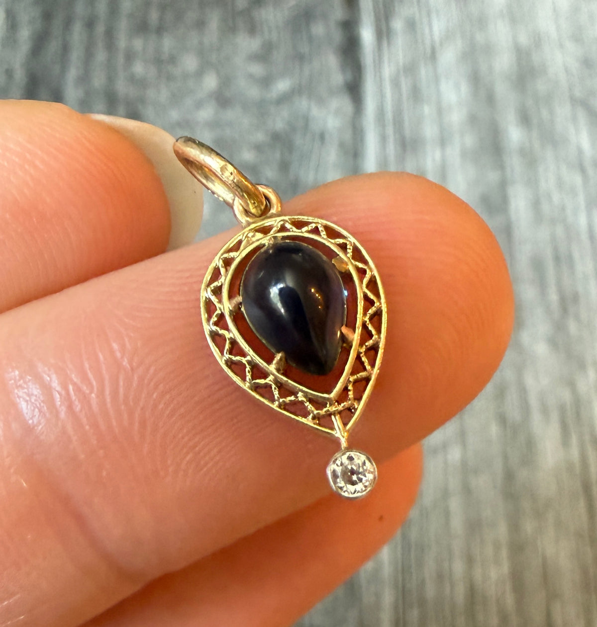 Art Deco Pear-Shaped Blue Stone Filigree Charm