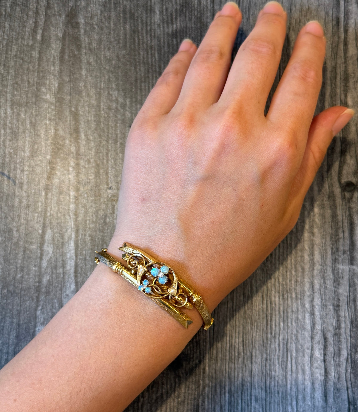 Midcentury Victorian Revival Opal Clover Bypass Bangle in 14K Gold (M)