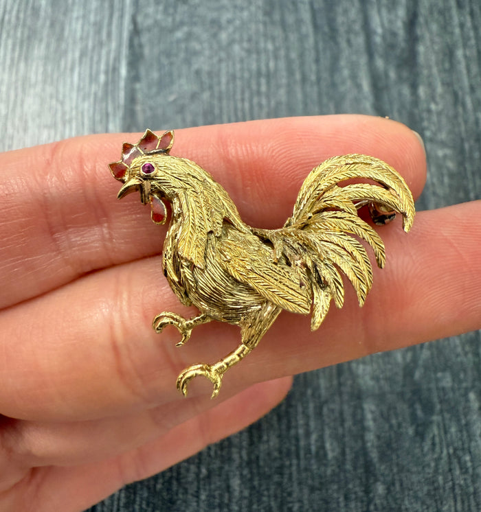 Vintage 18K Gold and Enamel Rooster Brooch