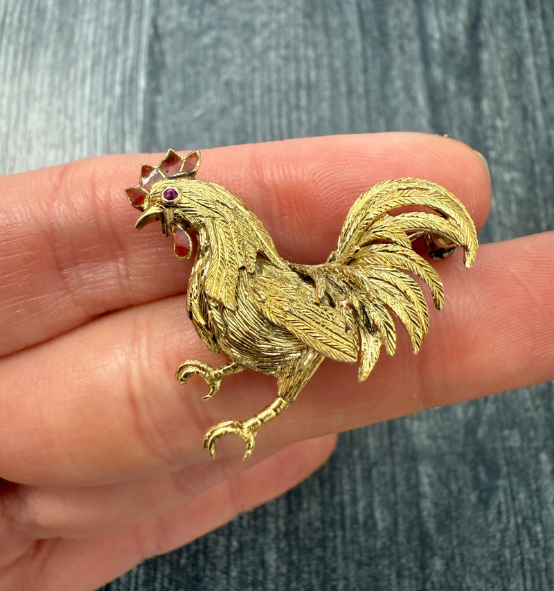 Vintage 18K Gold and Enamel Rooster Brooch