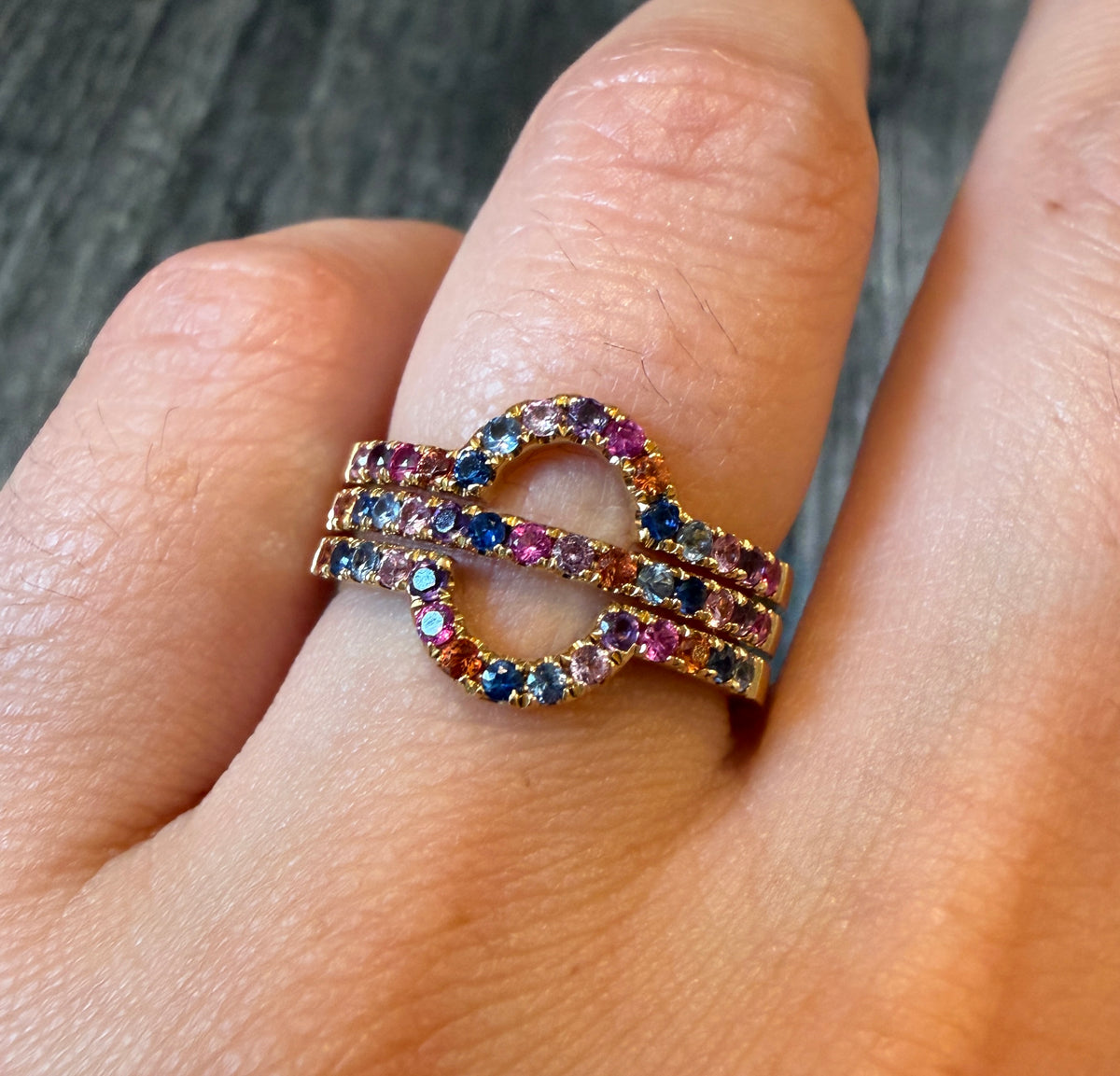 Rainbow Sapphire and 18K Gold Orbit Stacked Ring (I)