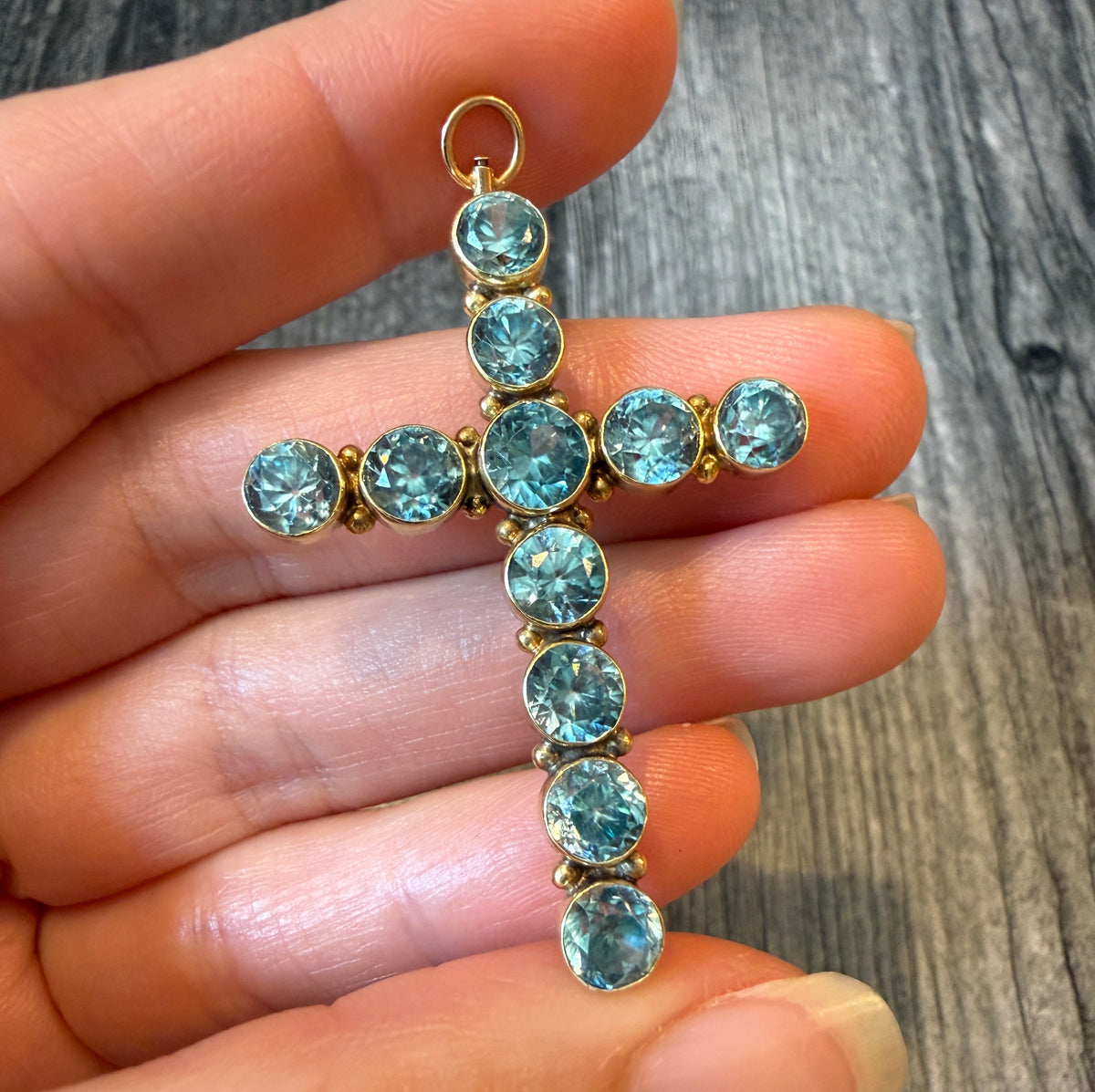 Large Blue Zircon Cross Pendant and Brooch in 14K Gold (S)