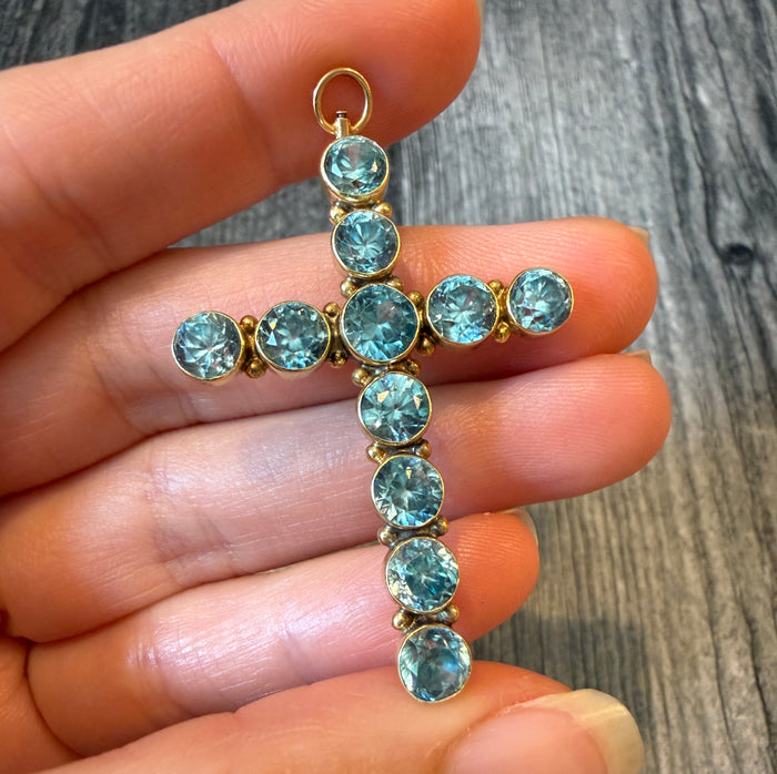 Large Blue Zircon Cross Pendant and Brooch in 14K Gold (S)