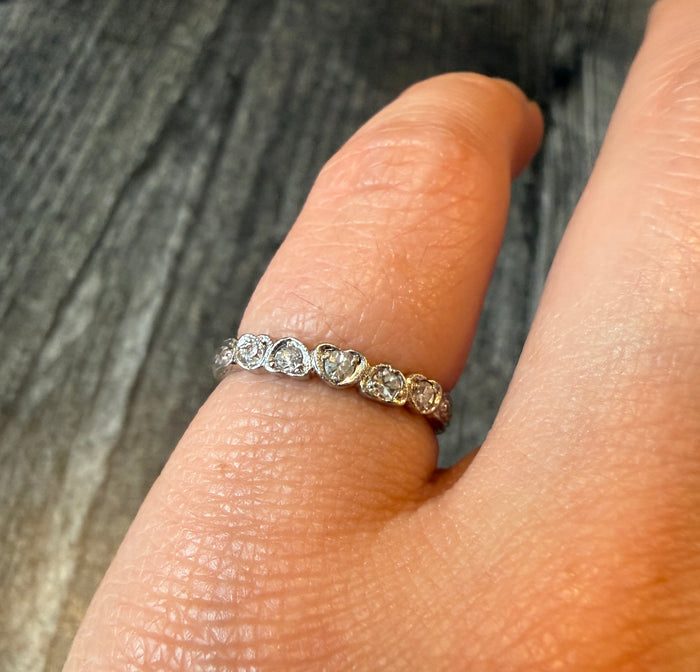 Vintage Heart Set Diamond Engraved Platinum Band, Size 4.75