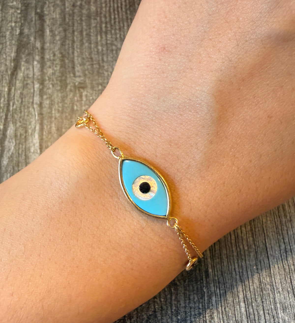 Turquoise and Mother of Pearl Evil Eye Bracelet in 18K Gold (M)