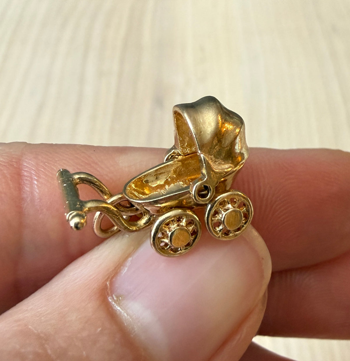 Vintage Articulated Baby Carriage or Pram Charm in 14K Gold