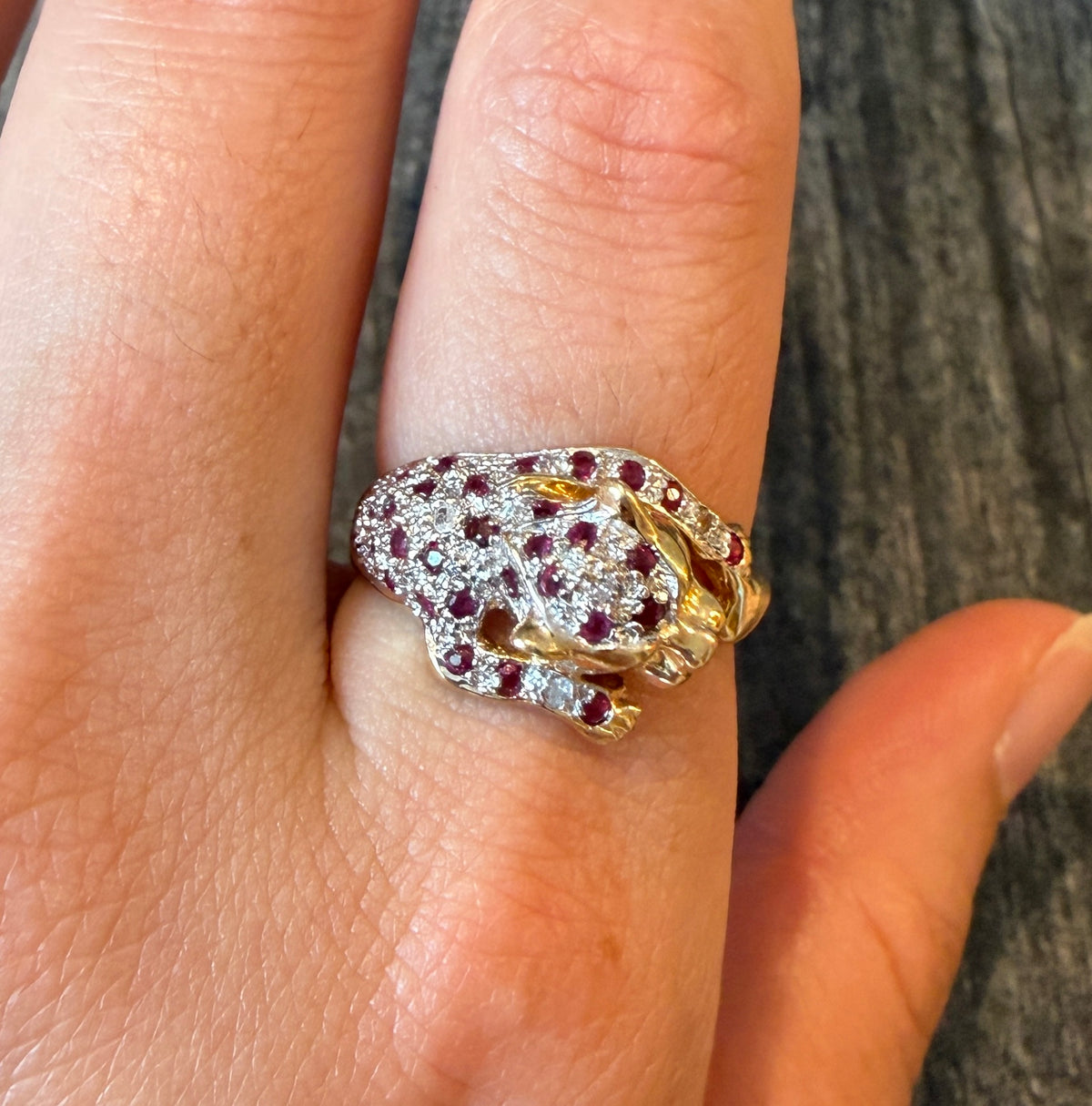 Diamonds and Ruby Panther Ring in 14K Gold, Size 8.75