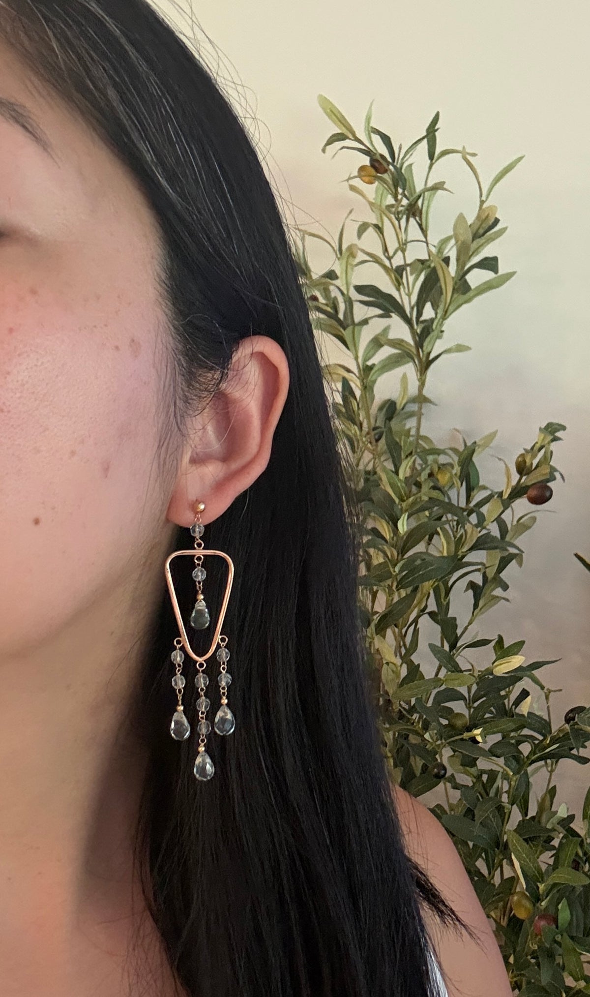 Large Blue Stone and 14K Gold Chandelier Earrings (I)
