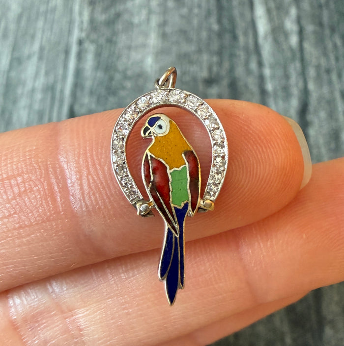 Art Deco Diamond and Enamel Parrot Charm in Platinum (J)