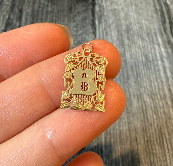 Ornate Foliate Motif Initial "B" Charm in 14K Gold