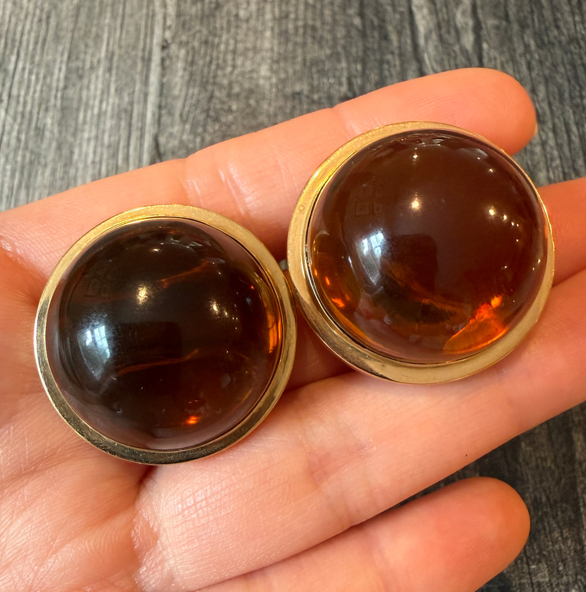 Jumbo Cabochon Amber and 18K Gold Dome Earrings (I)
