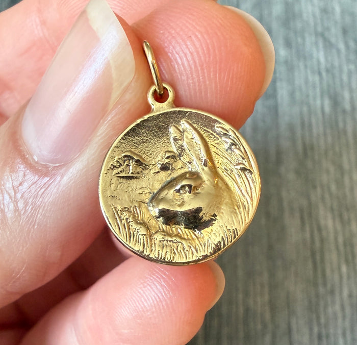 Small 14K Gold Charm of Rabbit or Bunny in the Field