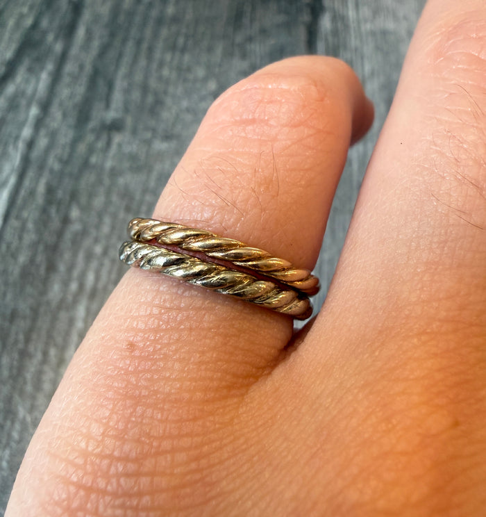 Pair of 18K White and Rose Gold Twist Stacking Bands, Size 5